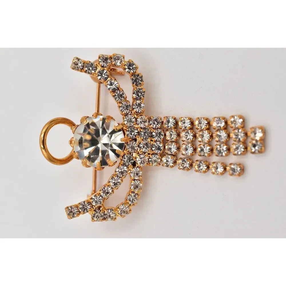 Vintage Crystal Angel Pin Brooch Prong Rhinestone Halo Gold Tone Fringe BinAL